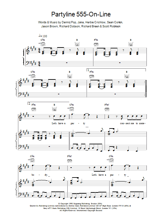 Preview Five Partyline 555 On Line Pop sheet music, notes and chords for Piano, Vocal & Guitar, SKU: 17580 sheet music, piano notes, chords, guitar tabs, score, transpose, transcribe, how to play, guide, download, learn, tutorial, progression, song, artist, awards, billboard, mtv, vh1, tour, single, album, release