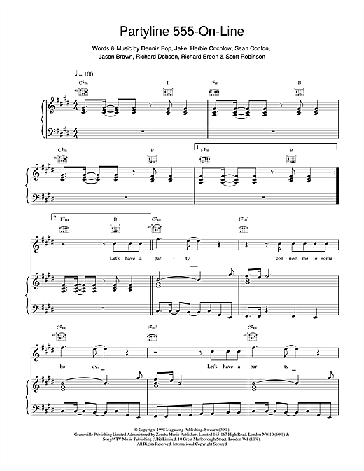 Preview Five Partyline 555 On Line Pop sheet music, notes and chords for Piano, Vocal & Guitar, SKU: 17580 sheet music, piano notes, chords, guitar tabs, score, transpose, transcribe, how to play, guide, download, learn, tutorial, progression, song, artist, awards, billboard, mtv, vh1, tour, single, album, release