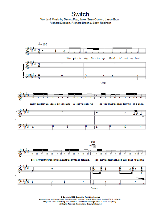 Download Five Switch sheet music and printable PDF score & Pop music notes