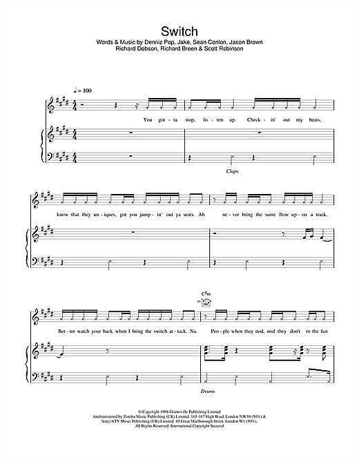 Preview Five Switch Pop sheet music, notes and chords for Piano, Vocal & Guitar, SKU: 17585 sheet music, piano notes, chords, guitar tabs, score, transpose, transcribe, how to play, guide, download, learn, tutorial, progression, song, artist, awards, billboard, mtv, vh1, tour, single, album, release