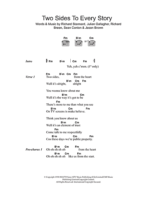 Preview Five Two Sides To Every Story Pop sheet music, notes and chords for Lyrics & Chords, SKU: 108557 sheet music, piano notes, chords, guitar tabs, score, transpose, transcribe, how to play, guide, download, learn, tutorial, progression, song, artist, awards, billboard, mtv, vh1, tour, single, album, release