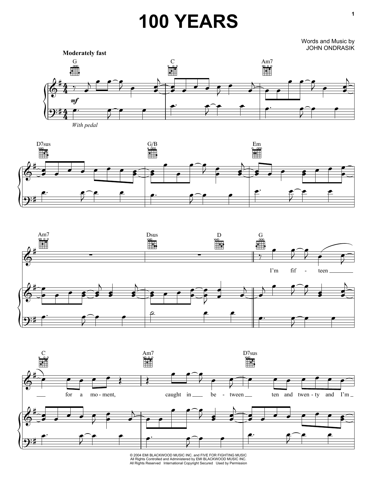 Download Five For Fighting 100 Years sheet music and printable PDF score & Rock music notes