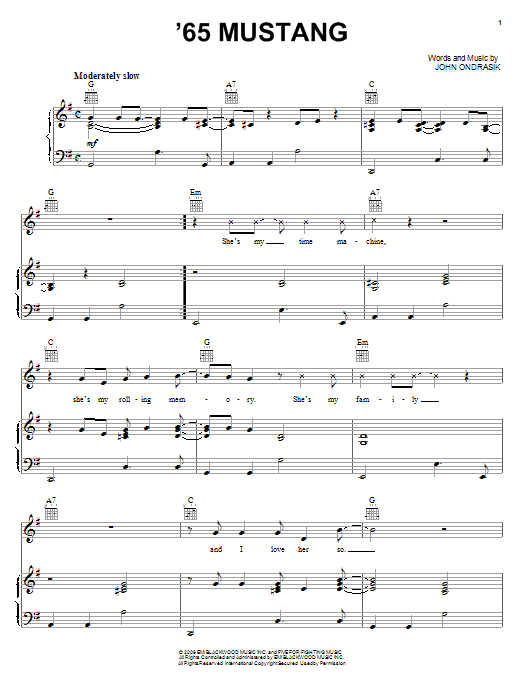 Preview Five For Fighting '65 Mustang Pop sheet music, notes and chords for Piano, Vocal & Guitar (Right-Hand Melody), SKU: 58629 sheet music, piano notes, chords, guitar tabs, score, transpose, transcribe, how to play, guide, download, learn, tutorial, progression, song, artist, awards, billboard, mtv, vh1, tour, single, album, release