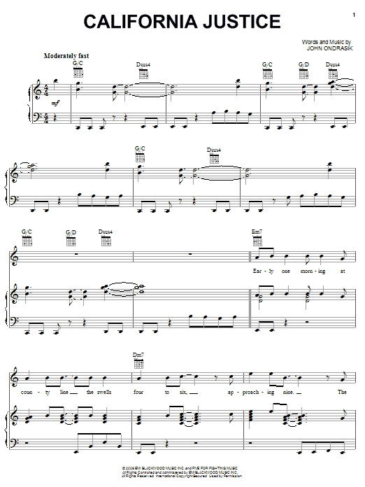 Preview Five For Fighting California Justice Pop sheet music, notes and chords for Piano, Vocal & Guitar (Right-Hand Melody), SKU: 58635 sheet music, piano notes, chords, guitar tabs, score, transpose, transcribe, how to play, guide, download, learn, tutorial, progression, song, artist, awards, billboard, mtv, vh1, tour, single, album, release