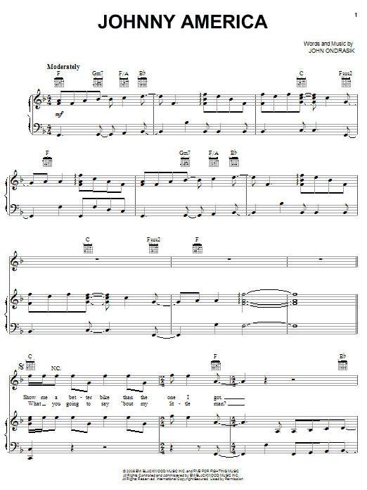 Preview Five For Fighting Johnny America Pop sheet music, notes and chords for Piano, Vocal & Guitar (Right-Hand Melody), SKU: 58637 sheet music, piano notes, chords, guitar tabs, score, transpose, transcribe, how to play, guide, download, learn, tutorial, progression, song, artist, awards, billboard, mtv, vh1, tour, single, album, release