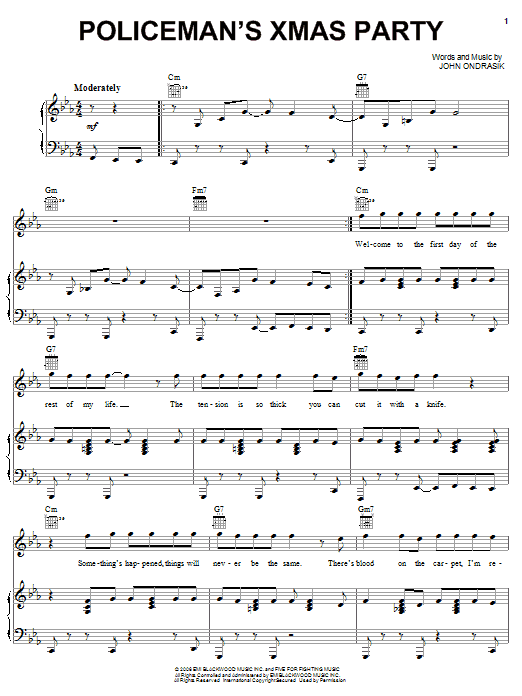 Preview Five For Fighting Policeman's Xmas Party Pop sheet music, notes and chords for Piano, Vocal & Guitar (Right-Hand Melody), SKU: 58638 sheet music, piano notes, chords, guitar tabs, score, transpose, transcribe, how to play, guide, download, learn, tutorial, progression, song, artist, awards, billboard, mtv, vh1, tour, single, album, release