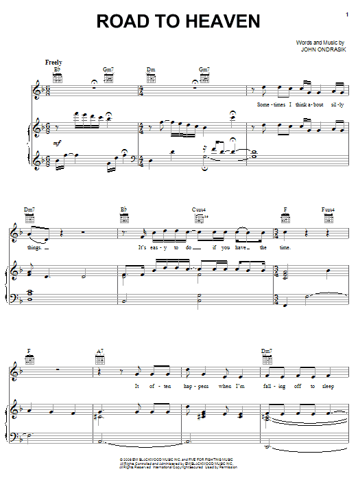 Preview Five For Fighting Road To Heaven Pop sheet music, notes and chords for Piano, Vocal & Guitar (Right-Hand Melody), SKU: 58651 sheet music, piano notes, chords, guitar tabs, score, transpose, transcribe, how to play, guide, download, learn, tutorial, progression, song, artist, awards, billboard, mtv, vh1, tour, single, album, release