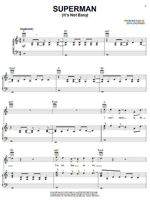 Preview Five For Fighting Superman (It's Not Easy) Rock sheet music, notes and chords for Piano, SKU: 72489 Download Five For Fighting Superman (It's Not Easy) sheet music and printable PDF score & Rock music notes