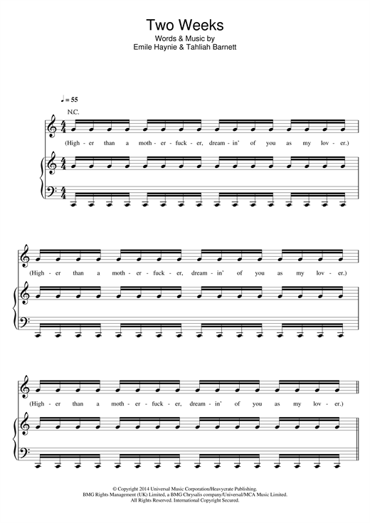 Preview FKA Twigs Two Weeks R & B sheet music, notes and chords for Piano, Vocal & Guitar (Right-Hand Melody), SKU: 121174 sheet music, piano notes, chords, guitar tabs, score, transpose, transcribe, how to play, guide, download, learn, tutorial, progression, song, artist, awards, billboard, mtv, vh1, tour, single, album, release