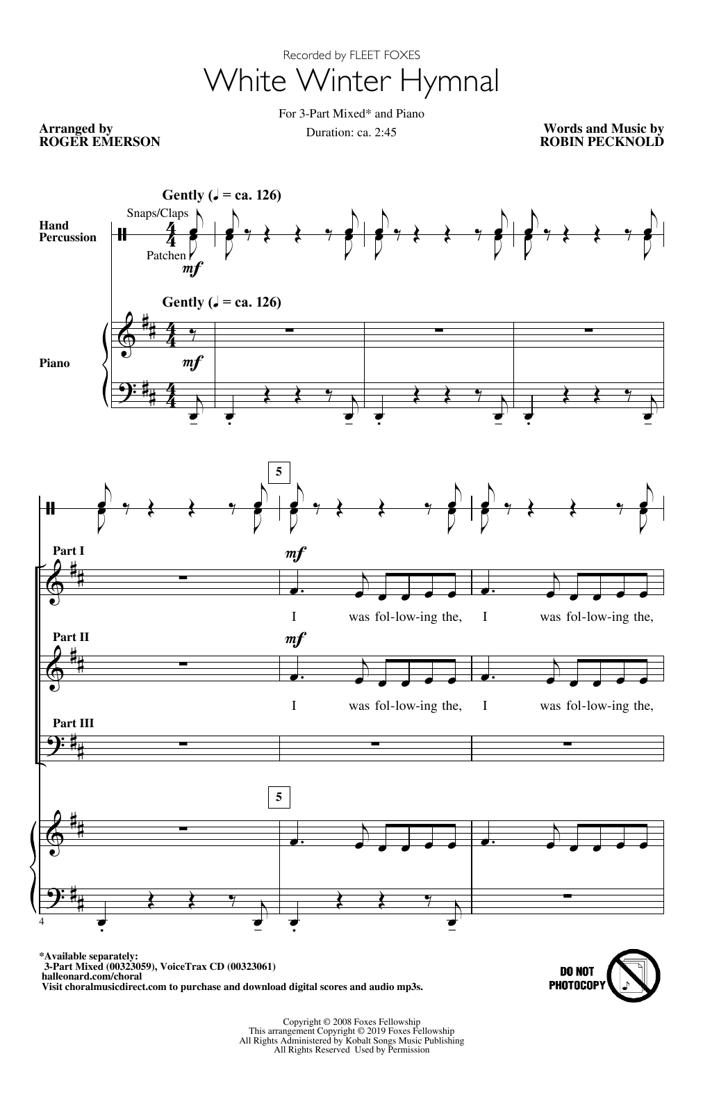 Preview Fleet Foxes White Winter Hymnal (arr. Roger Emerson) Christmas sheet music, notes and chords for 3-Part Mixed Choir, SKU: 425418 sheet music, piano notes, chords, guitar tabs, score, transpose, transcribe, how to play, guide, download, learn, tutorial, progression, song, artist, awards, billboard, mtv, vh1, tour, single, album, release