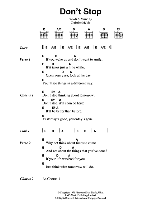 Preview Fleetwood Mac Don't Stop Rock sheet music, notes and chords for Guitar Tab, SKU: 51253 Download Fleetwood Mac Don't Stop sheet music and printable PDF score & Rock music notes
