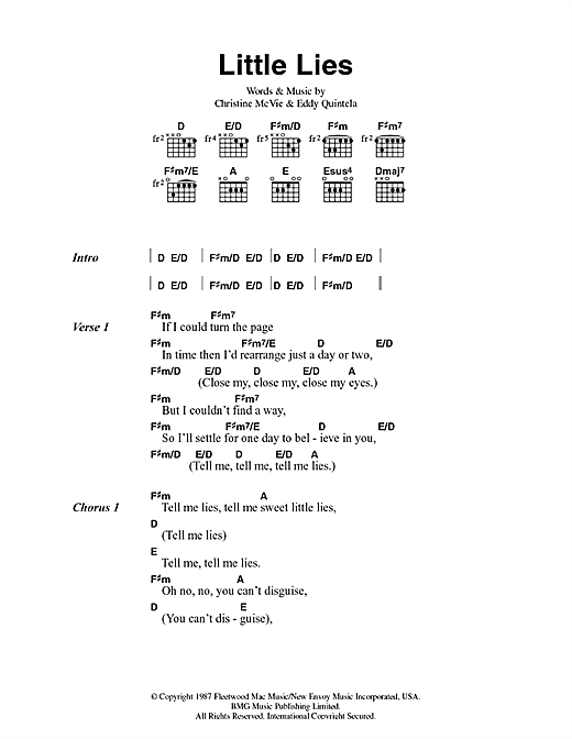 Preview Fleetwood Mac Little Lies Rock sheet music, notes and chords for Guitar Tab, SKU: 51257 Download Fleetwood Mac Little Lies sheet music and printable PDF score & Rock music notes