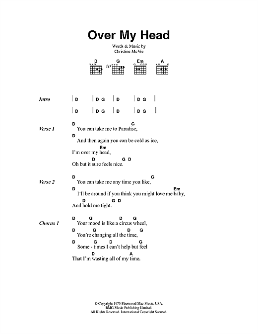Preview Fleetwood Mac Over My Head Rock sheet music, notes and chords for Guitar Tab, SKU: 51258 sheet music, piano notes, chords, guitar tabs, score, transpose, transcribe, how to play, guide, download, learn, tutorial, progression, song, artist, awards, billboard, mtv, vh1, tour, single, album, release