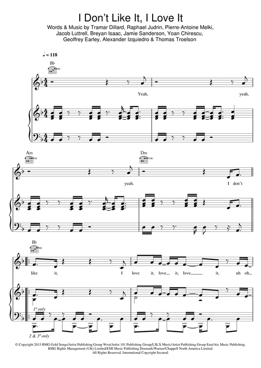 Preview Flo Rida I Don't Like It, I Love It Hip-Hop sheet music, notes and chords for Piano, Vocal & Guitar (Right-Hand Melody), SKU: 121469 sheet music, piano notes, chords, guitar tabs, score, transpose, transcribe, how to play, guide, download, learn, tutorial, progression, song, artist, awards, billboard, mtv, vh1, tour, single, album, release