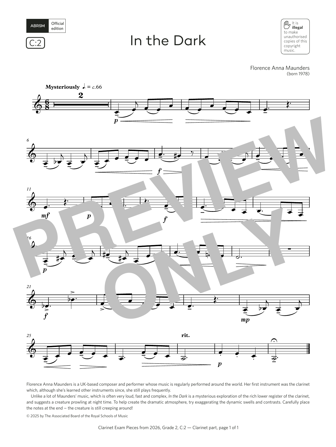 Florence Anna Maunders In the Dark (Grade 2, list C2, from the ABRSM Clarinet Syllabus from 2026) Sheet Music & Chords for Clarinet Solo - Download or Print PDF
