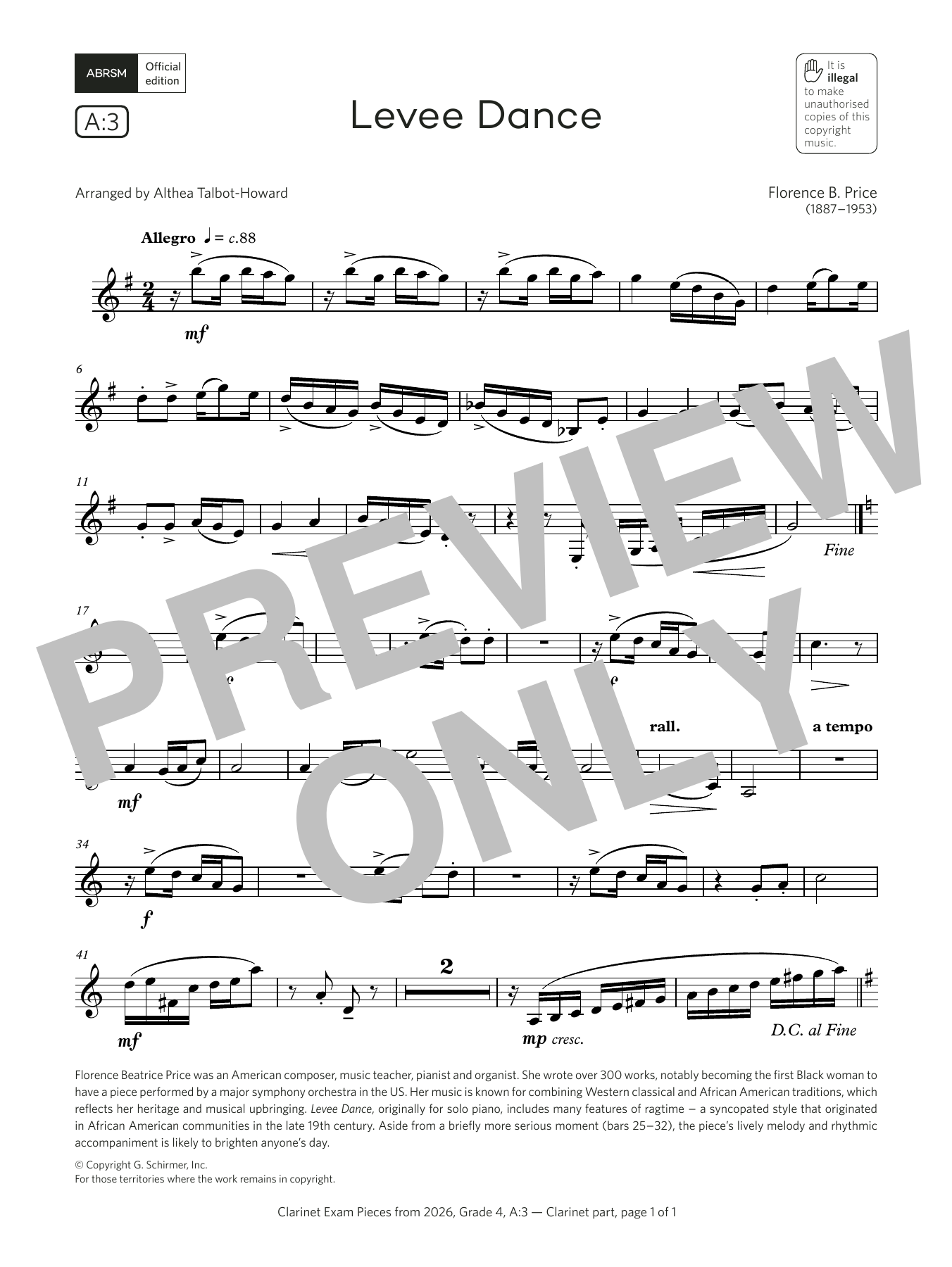 Florence B. Price Levee Dance (Grade 4, list A3, from the ABRSM Clarinet Syllabus from 2026) Sheet Music & Chords for Clarinet Solo - Download or Print PDF