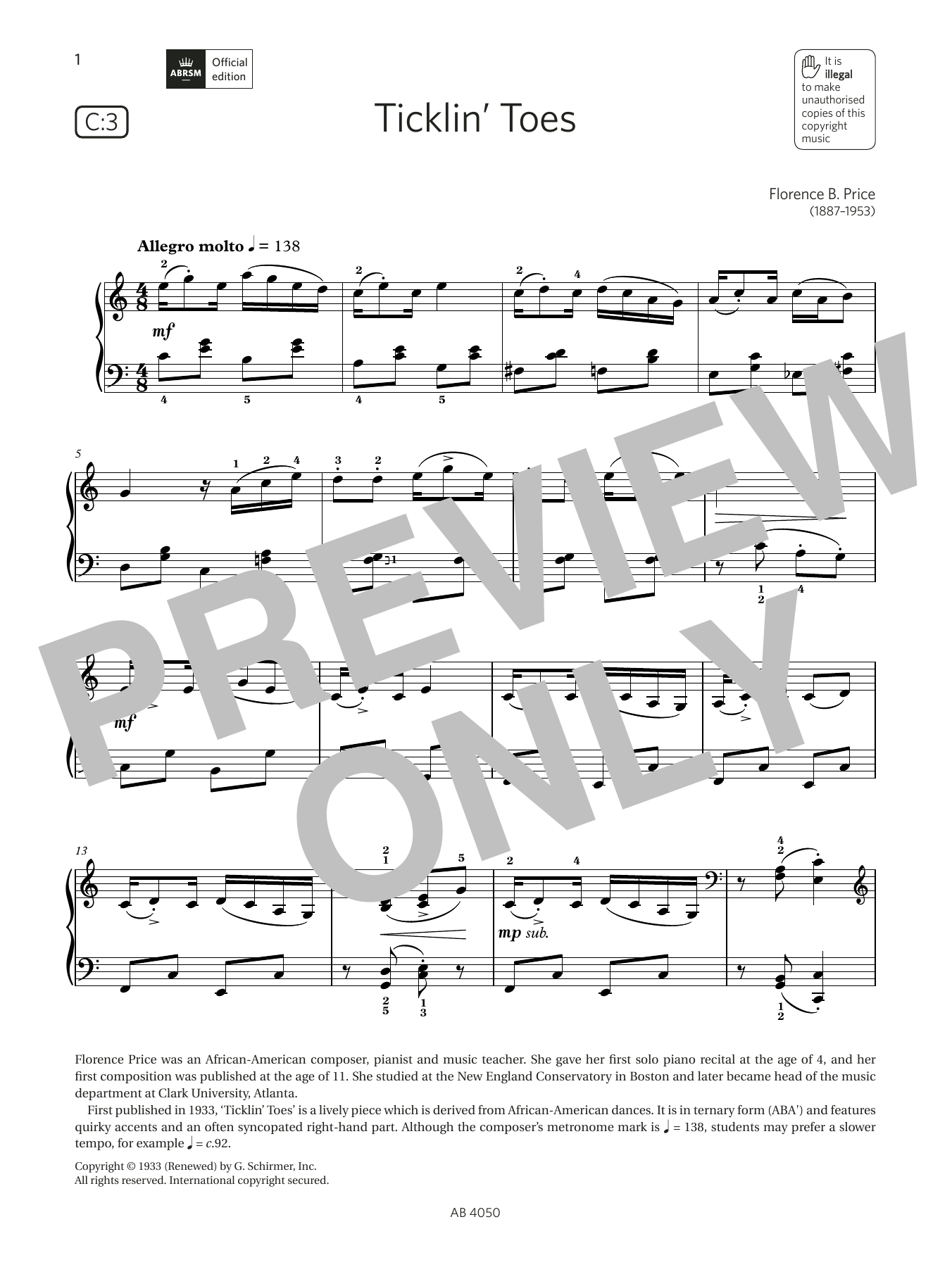 Florence B Price Ticklin Toes (Grade 4, list C3, from the ABRSM Piano Syllabus 2023 & 2024) Sheet Music & Chords for Piano Solo - Download or Print PDF