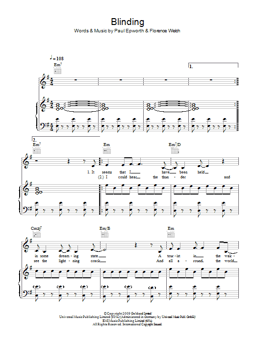 Preview Florence And The Machine Blinding Rock sheet music, notes and chords for Piano, Vocal & Guitar, SKU: 48306 Download Florence And The Machine Blinding sheet music and printable PDF score & Rock music notes