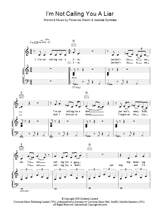 Preview Florence And The Machine I'm Not Calling You A Liar Rock sheet music, notes and chords for Piano, Vocal & Guitar, SKU: 48312 sheet music, piano notes, chords, guitar tabs, score, transpose, transcribe, how to play, guide, download, learn, tutorial, progression, song, artist, awards, billboard, mtv, vh1, tour, single, album, release