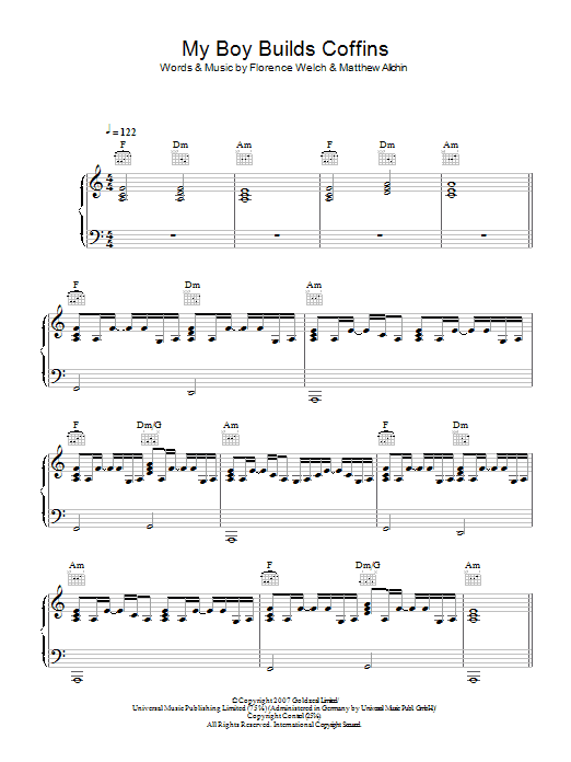 Preview Florence And The Machine My Boy Builds Coffins Rock sheet music, notes and chords for Piano, Vocal & Guitar, SKU: 48314 Download Florence And The Machine My Boy Builds Coffins sheet music and printable PDF score & Rock music notes
