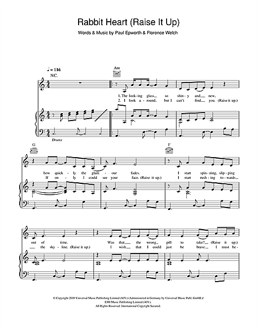 Preview Florence And The Machine Rabbit Heart (Raise It Up) Pop sheet music, notes and chords for Piano, Vocal & Guitar, SKU: 47696 sheet music, piano notes, chords, guitar tabs, score, transpose, transcribe, how to play, guide, download, learn, tutorial, progression, song, artist, awards, billboard, mtv, vh1, tour, single, album, release