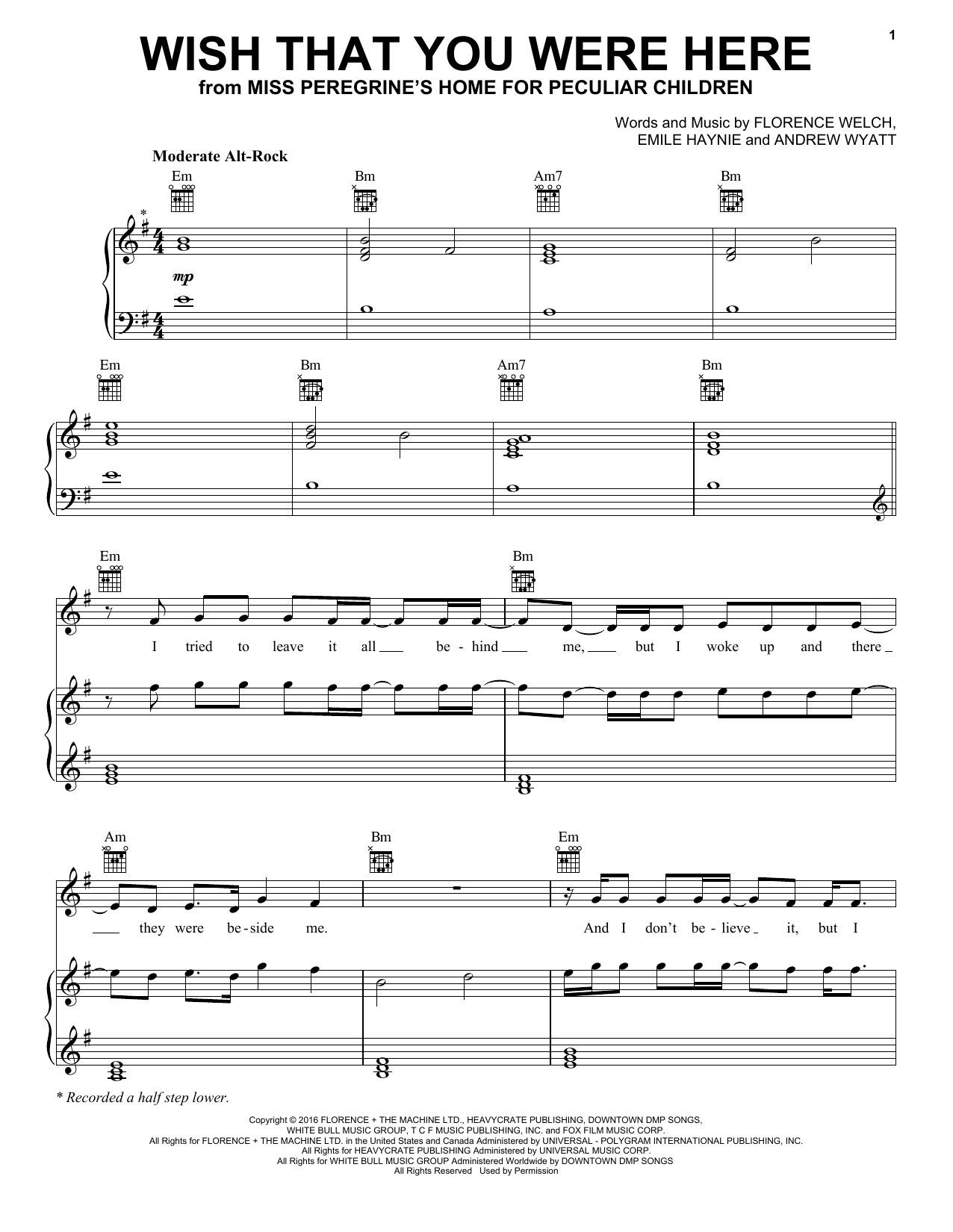 Wish That You Were Here Sheet Music Notes Florence And The Machine Chords Download Pop Notes Piano Vocal Guitar Right Hand Melody Pdf Printable 174207