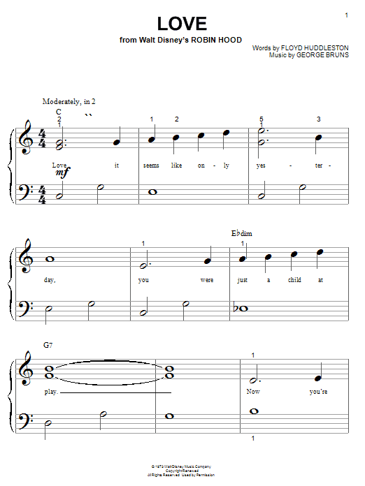Preview Floyd Huddleston Love (from Walt Disney's Robin Hood) Children sheet music, notes and chords for Piano (Big Notes), SKU: 21474 Download Floyd Huddleston Love (from Walt Disney's Robin Hood) sheet music and printable PDF score & Children music notes