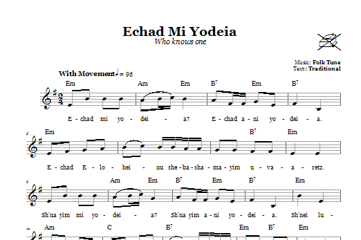 Preview Folk Tune Echad Mi Yodeia (Who Knows One) Religious sheet music, notes and chords for Melody Line, Lyrics & Chords, SKU: 66525 sheet music, piano notes, chords, guitar tabs, score, transpose, transcribe, how to play, guide, download, learn, tutorial, progression, song, artist, awards, billboard, mtv, vh1, tour, single, album, release