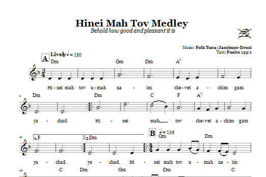 Preview Folk Tune Hinei Mah Tov Medley (Behold How Good And Pleasant It Is) Religious sheet music, notes and chords for Melody Line, Lyrics & Chords, SKU: 66581 Download Folk Tune Hinei Mah Tov Medley (Behold How Good And Pleasant It Is) sheet music and printable PDF score & Religious music notes