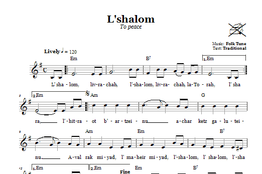Preview Folk Tune L'shalom (To Peace) Religious sheet music, notes and chords for Melody Line, Lyrics & Chords, SKU: 66564 Download Folk Tune L'shalom (To Peace) sheet music and printable PDF score & Religious music notes