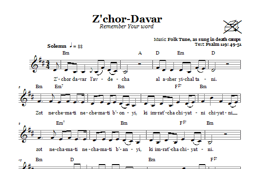 Download Folk Tune Z'chor-Davar (Remember Your Word) sheet music and printable PDF score & Religious music notes