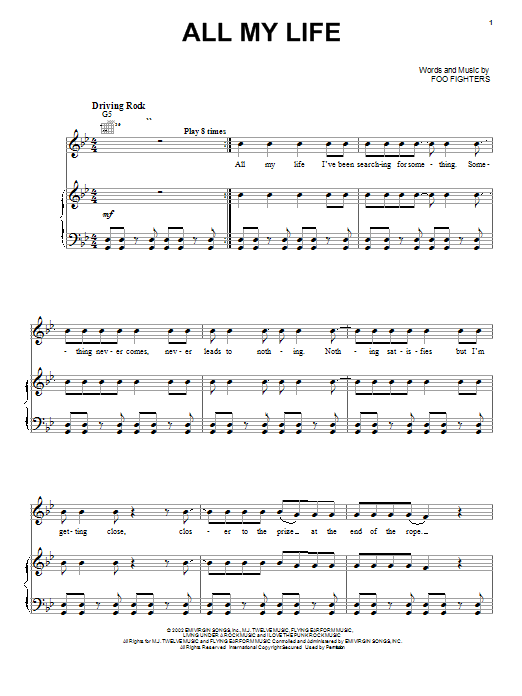 Preview Foo Fighters All My Life Pop sheet music, notes and chords for Piano, Vocal & Guitar (Right-Hand Melody), SKU: 21868 Download Foo Fighters All My Life sheet music and printable PDF score & Pop music notes