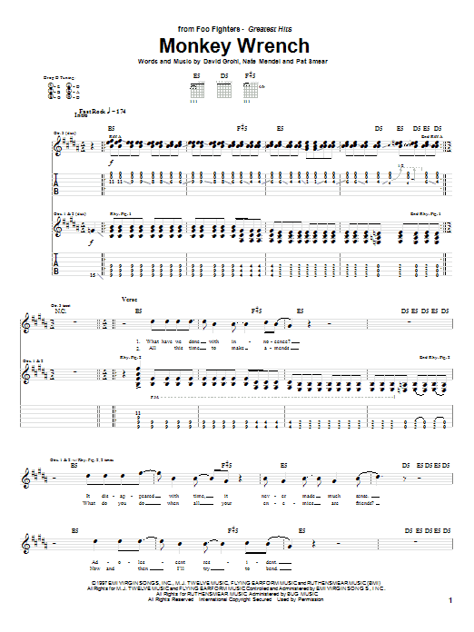 Preview Foo Fighters Monkey Wrench Pop sheet music, notes and chords for Guitar Tab, SKU: 21735 Download Foo Fighters Monkey Wrench sheet music and printable PDF score & Pop music notes