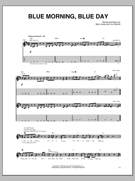 Download Foreigner Blue Morning, Blue Day sheet music and printable PDF score & Rock music notes