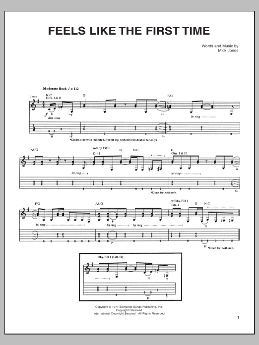 Download Foreigner Feels Like The First Time sheet music and printable PDF score & Rock music notes
