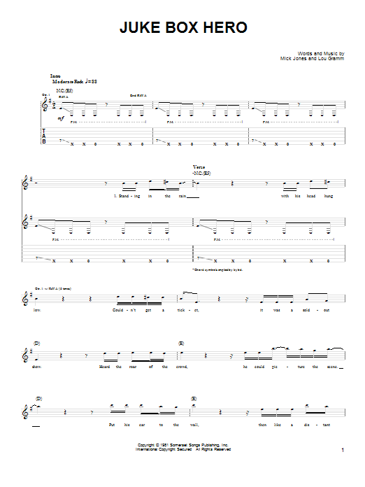 Download Foreigner Juke Box Hero sheet music and printable PDF score & Rock music notes