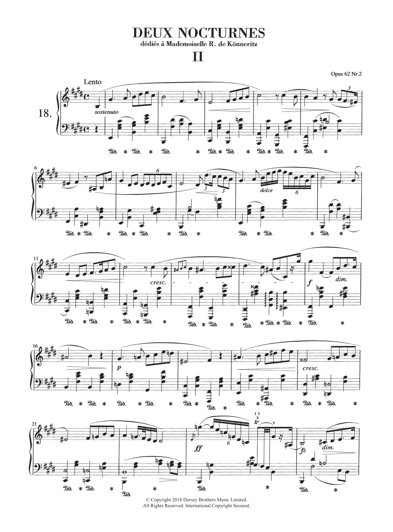 Preview Frederic Chopin Nocturne in E Major, Op.62, No.2 Classical sheet music, notes and chords for Piano, SKU: 125797 Download Frederic Chopin Nocturne in E Major, Op.62, No.2 sheet music and printable PDF score & Classical music notes