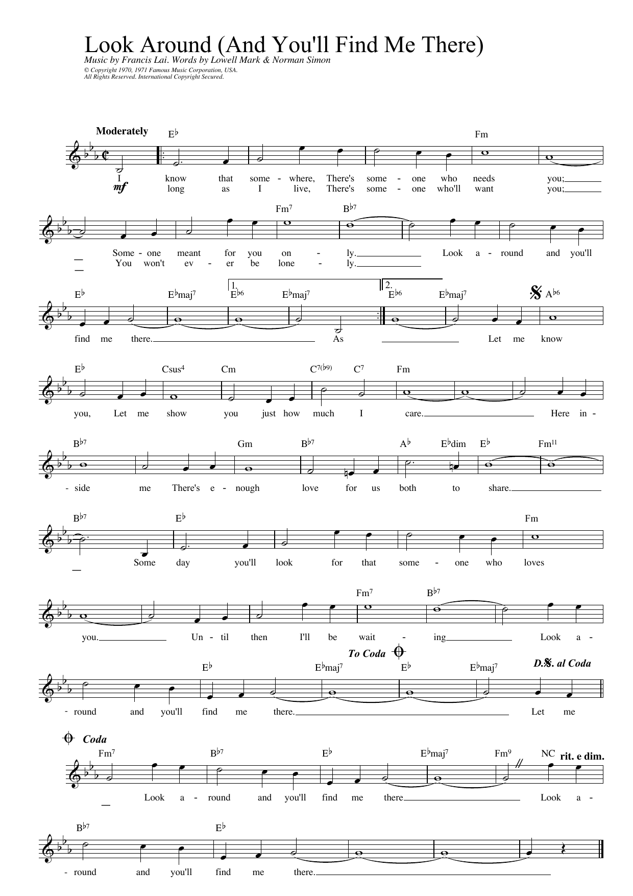 Download Francis Lai Look Around (And You'll Find Me There) (from Love Story) sheet music and printable PDF score & Film and TV music notes
