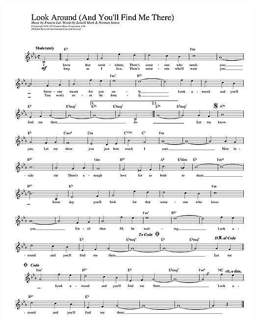 Preview Francis Lai Look Around (And You'll Find Me There) (from Love Story) Film and TV sheet music, notes and chords for Melody Line, Lyrics & Chords, SKU: 14675 sheet music, piano notes, chords, guitar tabs, score, transpose, transcribe, how to play, guide, download, learn, tutorial, progression, song, artist, awards, billboard, mtv, vh1, tour, single, album, release