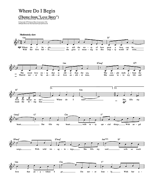 Preview Francis Lai Where Do I Begin (theme from Love Story) Film and TV sheet music, notes and chords for Melody Line, Lyrics & Chords, SKU: 14229 sheet music, piano notes, chords, guitar tabs, score, transpose, transcribe, how to play, guide, download, learn, tutorial, progression, song, artist, awards, billboard, mtv, vh1, tour, single, album, release