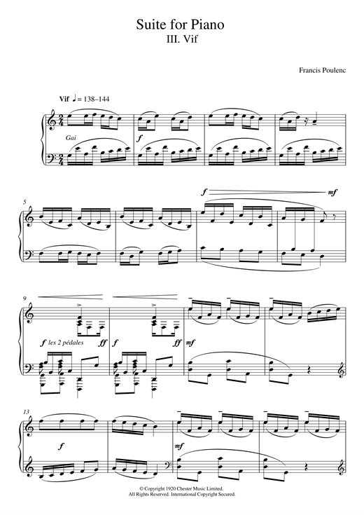 Preview Francis Poulenc Suite for Piano - III. Vif Classical sheet music, notes and chords for Piano, SKU: 118524 sheet music, piano notes, chords, guitar tabs, score, transpose, transcribe, how to play, guide, download, learn, tutorial, progression, song, artist, awards, billboard, mtv, vh1, tour, single, album, release