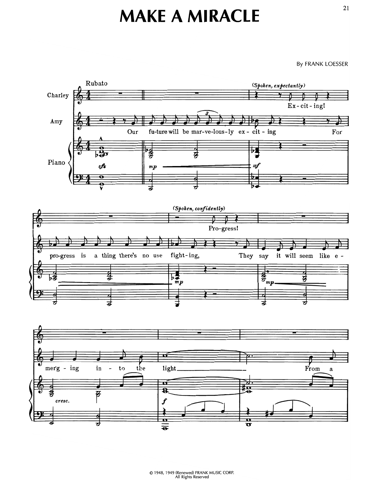 Frank Loesser Make A Miracle (from Where's Charley?) Sheet Music Notes & Chords for Piano & Vocal - Download or Print PDF Frank Loesser Make A Miracle (from Where's Charley?) Sheet Music & Chords for Piano & Vocal - Download or Print PDF