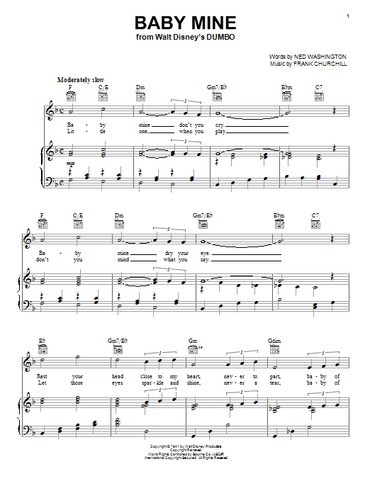 Preview Frank Churchill Baby Mine (from Walt Disney's Dumbo) Film and TV sheet music, notes and chords for Beginner Piano, SKU: 48476 Download Frank Churchill Baby Mine (from Walt Disney's Dumbo) sheet music and printable PDF score & Film and TV music notes