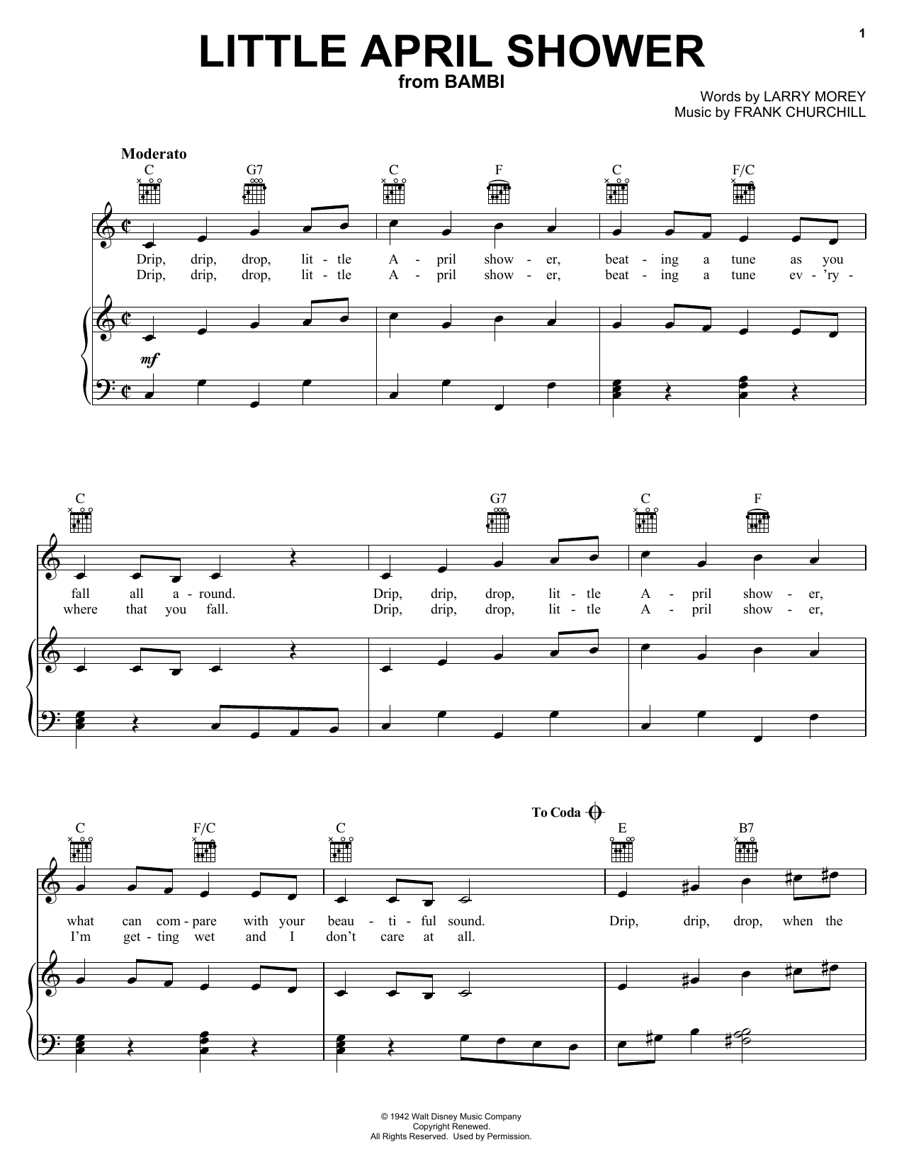 Preview Frank Churchill Little April Shower (from Disney's Bambi) Disney sheet music, notes and chords for Beginner Piano, SKU: 48503 Download Frank Churchill Little April Shower (from Disney's Bambi) sheet music and printable PDF score & Disney music notes