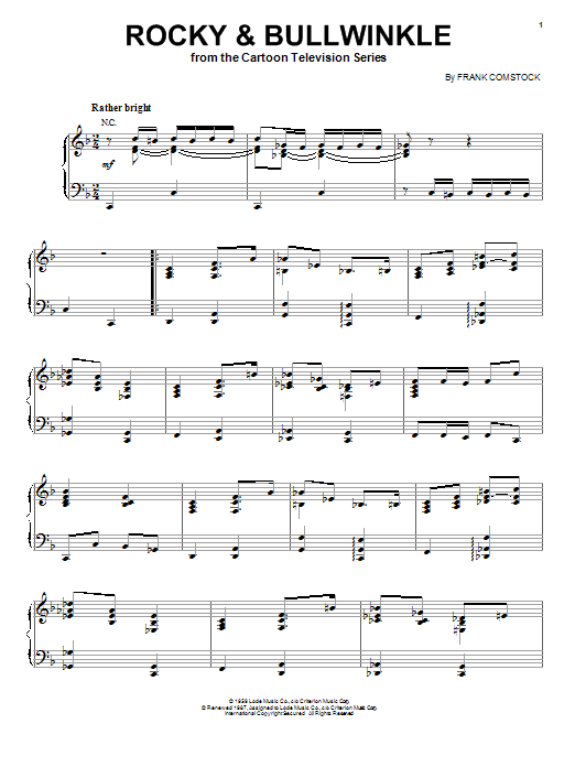 Preview Frank Comstock Rocky & Bullwinkle Unclassified sheet music, notes and chords for Piano, SKU: 97218 sheet music, piano notes, chords, guitar tabs, score, transpose, transcribe, how to play, guide, download, learn, tutorial, progression, song, artist, awards, billboard, mtv, vh1, tour, single, album, release