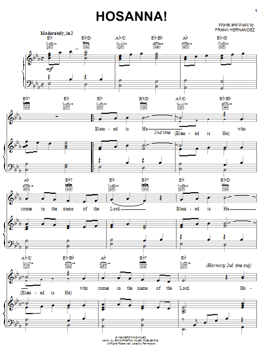 Preview Frank Hernandez Hosanna! Children sheet music, notes and chords for Piano, Vocal & Guitar (Right-Hand Melody), SKU: 22220 Download Frank Hernandez Hosanna! sheet music and printable PDF score & Children music notes