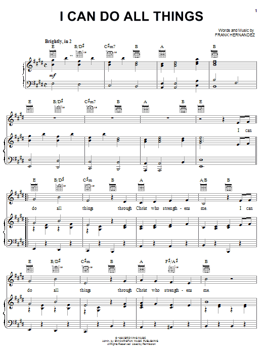 Preview Frank Hernandez I Can Do All Things Children sheet music, notes and chords for Piano, Vocal & Guitar (Right-Hand Melody), SKU: 22221 Download Frank Hernandez I Can Do All Things sheet music and printable PDF score & Children music notes