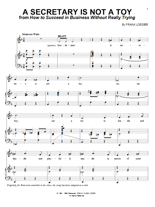 Preview Frank Loesser A Secretary Is Not A Toy Broadway sheet music, notes and chords for Piano, Vocal & Guitar (Right-Hand Melody), SKU: 69874 Download Frank Loesser A Secretary Is Not A Toy sheet music and printable PDF score & Broadway music notes