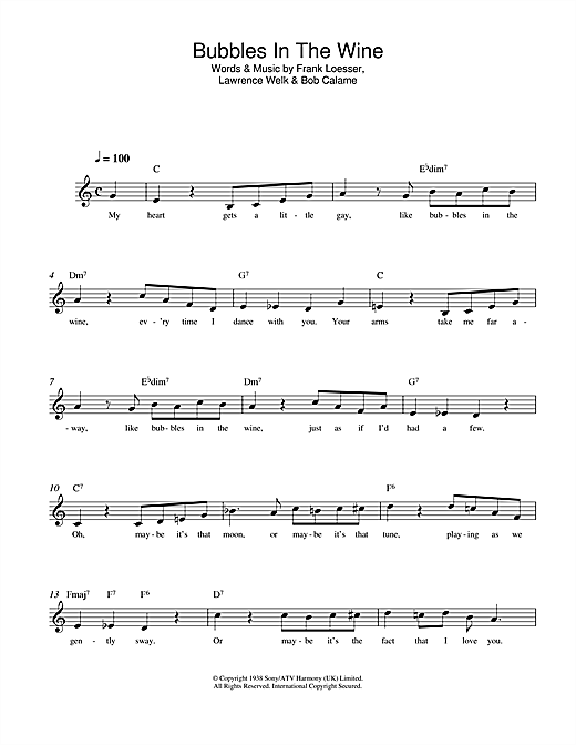 Preview Frank Loesser Bubbles In The Wine Easy Listening sheet music, notes and chords for Melody Line, Lyrics & Chords, SKU: 108253 sheet music, piano notes, chords, guitar tabs, score, transpose, transcribe, how to play, guide, download, learn, tutorial, progression, song, artist, awards, billboard, mtv, vh1, tour, single, album, release