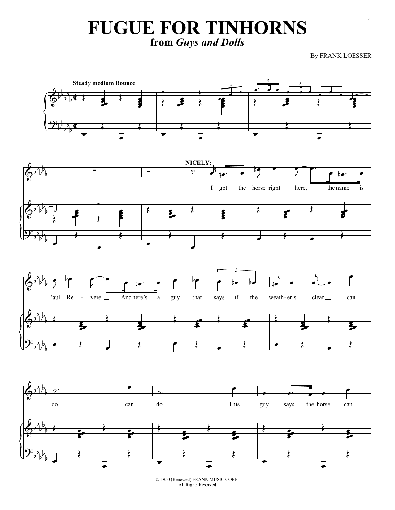 Download Frank Loesser Fugue For Tinhorns sheet music and printable PDF score & Broadway music notes